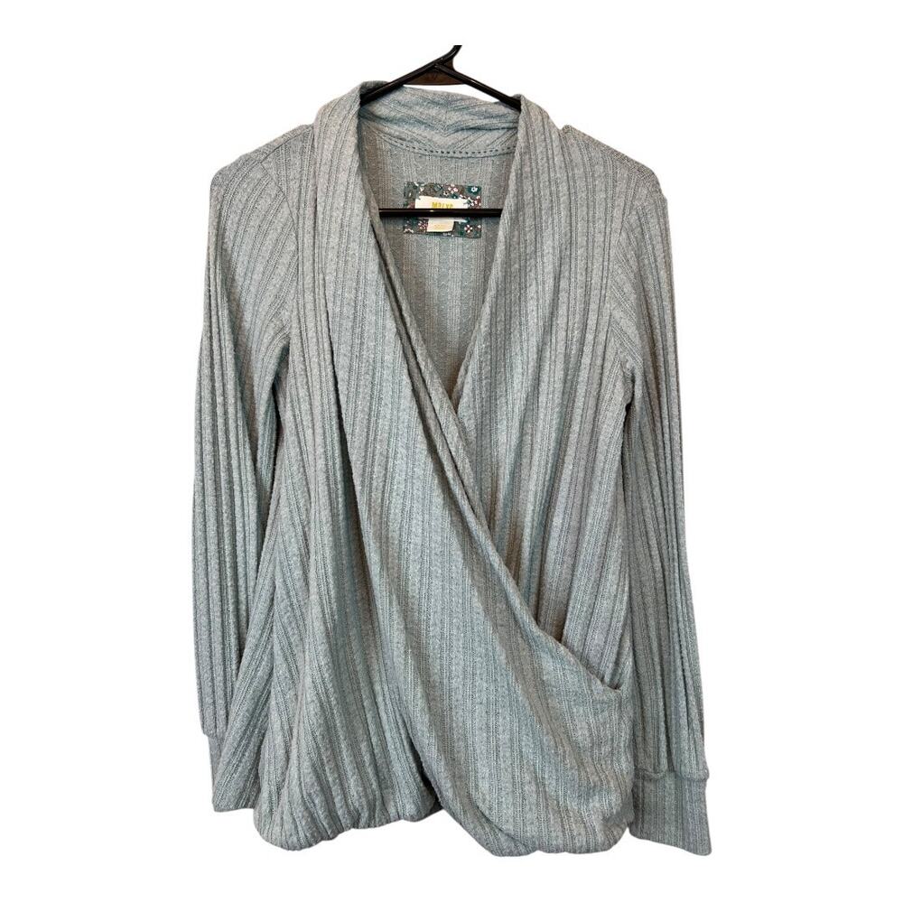 Maeve Anthropologie Wrap Top Womens Small Gray Blue Long Sleeve Surplice Knit